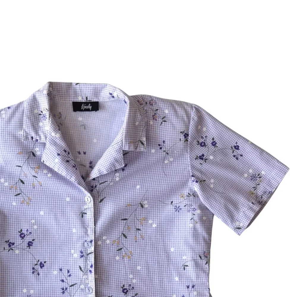 Vintage Tapestry Y2K Purple Gingham Floral Button Down - 90s Cottagecore